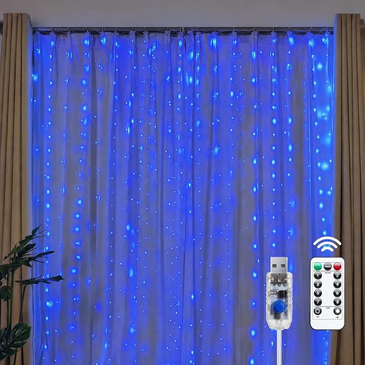 Brightown 300 LED Blue Fairy Curtain Lights, 9.8ft x 9.8ft String Lights, USB Plug in 8 Lighting Modes Christmas String Hanging Lights with Remote for Bedroom Indoor Outdoor Party Xmas Blue 1 Pack