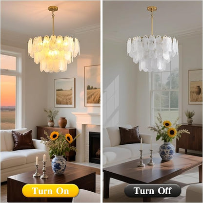 Modern Crystal Glass Chandelier, 23.6" Gold Luxury Hanging Pendant Light Fixture, 9-Light Round Cloud Ceiling Chandeliers Lighting for Dining Room Living Room Bedroom Foyer Stairway, E12