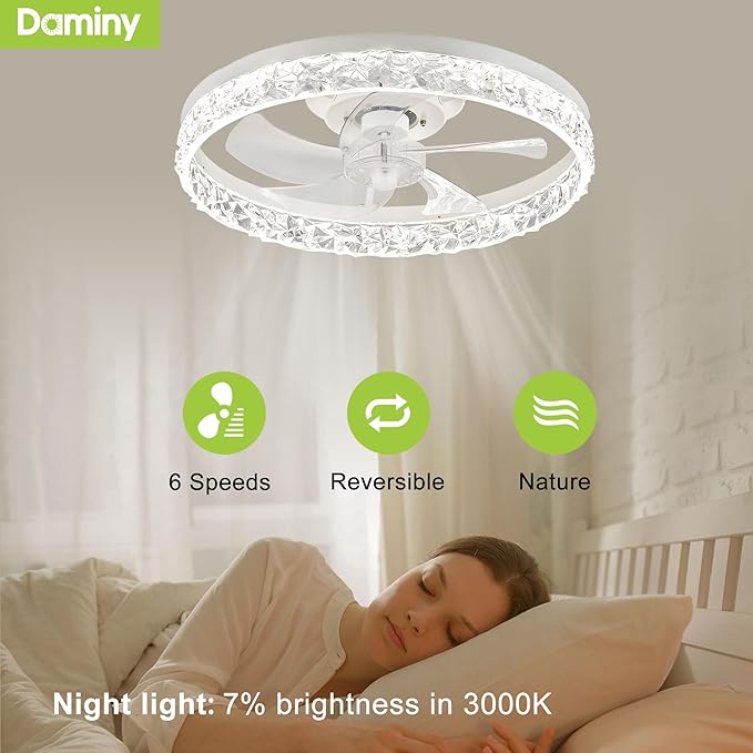 DAMINY Ceiling Fans with Lights and Remote, 6CCT,Dimmable Low Profile Ceiling Fan with Light, Flush Mount Bladeless Ceiling Fan,6 Speeds,20 inch Black Modern