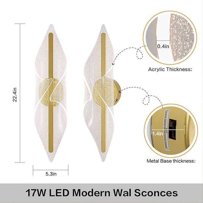 Modern Wall Sconce Lights Gold Wall Lghting LED Dimmable Wall Lamp for Living Room Hallway Bathroom Bedroom Stairs Indoor 22.4In