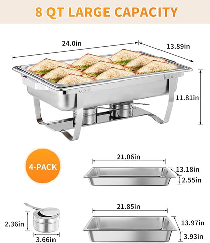 4 Pack Chafing Dishes for Buffet, Stainless Steel Catering Chafer with Lids, Pans & Fuel Holder, 8QT Food Warmers for Parties Buffet, Buffet Servers and Warmers for Parties, Events, Weddings,Silver