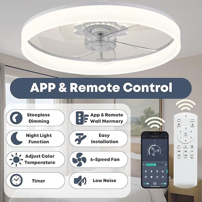 Fszdorj 20'' Ceiling Fan with Light, Upgraded Low Profile Fan, Flush Mount Ceiling Fan, 6 Speeds, Dimmable LED, App & Remote Control, Quiet DC Motor, for Bedroom, Living Room, F116 White
