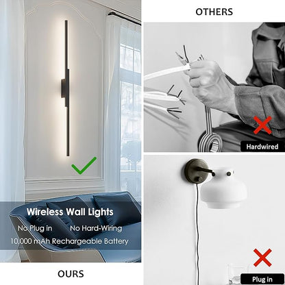 Aipsun Black Wall Sconces Set of Two Battery Operated Wall Sconces 3000K-6000K Dimmable LED Wireless Wall Lights for Living Room,Bedroom,12,000mAh,39.4Inch (2 Pack)
