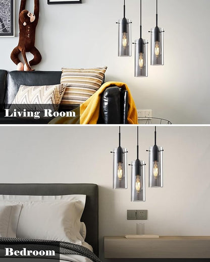 Smoke Gray Glass Pendant Lights Kitchen Island 3 Packs, Kitchen Pendant Lighting Over Island, Modern Hanging Pendant Light, Light Pendants for Kitchen Island, Living Room, Bathroom, Bedroom