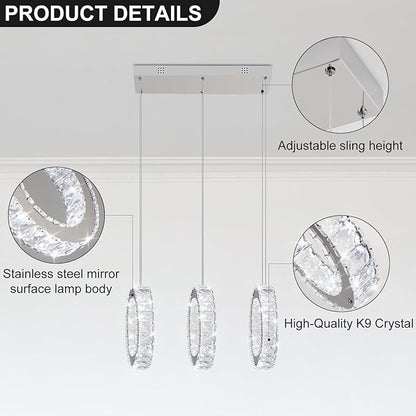 Buccleuch 3-Ring Crystal Chandelier, 9.84" Ring Diameter Dimmable LED Pendant Light, UL-Certified Stainless Steel K9 Crystal Ceiling Light for Dining Room, Living Room, Bedroom, 6500K 4400lm