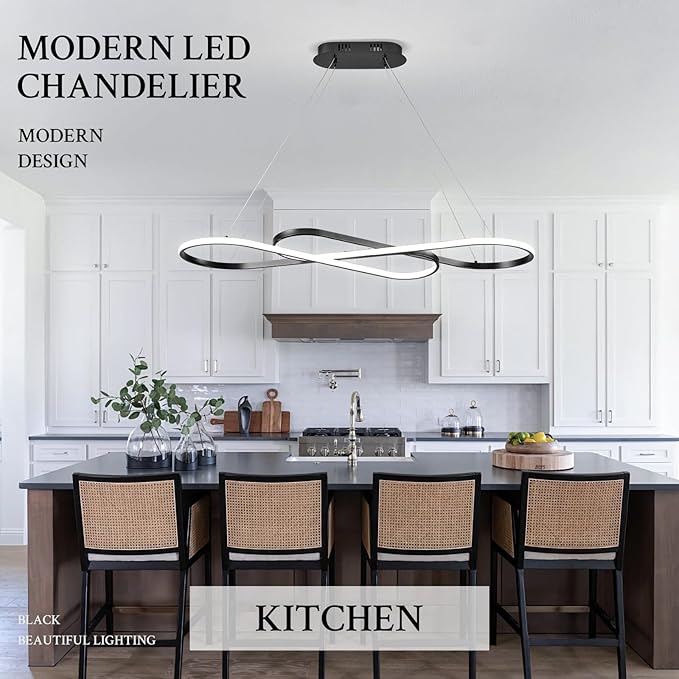 Modern LED Chandelier Black Dimmable LED Pendant Light for Dining Room Light Fixture Over Table Modern Kitchen Island Lighting High Ceiling with Remote for Living Room(42 Inch, 3000K-6500K)
