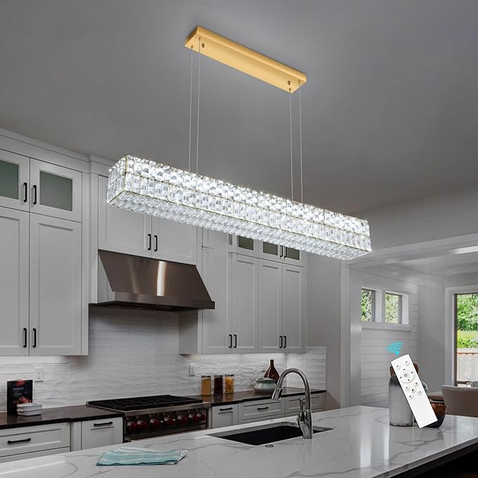 47 Inch Rectangular Crystal Chandelier Glam Dimmable LED Chandeliers for Dining Room Linear Pendant Light with Remote Control for Kitchen Island Gold