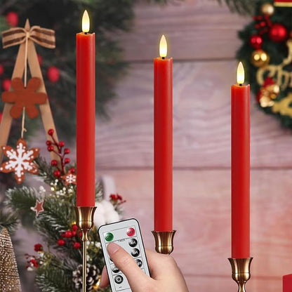 GenSwin Red Flameless Taper Candles with Remote, Real Wax Taper Candles Battery Operated, LED Flameless Candlesticks with 3D Wick for Home Halloween Christmas Holiday Decor(Set of 3, 0.78” x 9.6”)