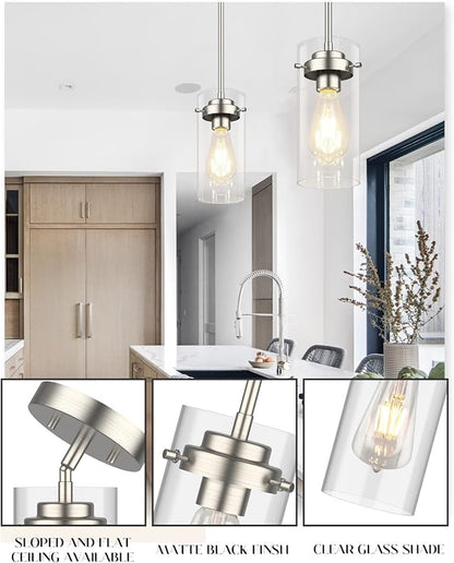 EAPUDUN Pendant Light (2 Packs), Kitchen Ceiling Hanging Light, Adjustable Height, Kitchen Light Fixtures Brushed Nickel Pendant Lights, Farmhouse Pendant Lighting for Sink Island, Home Décor Lighting