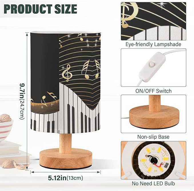 Gold Music Note with Piano Key Musical Instrument on Black Table Lamp with Wood Base Fabric Lamp Shade Bedside Nightstand Desk Lamp for Living Room Bedroom Kids Room Office