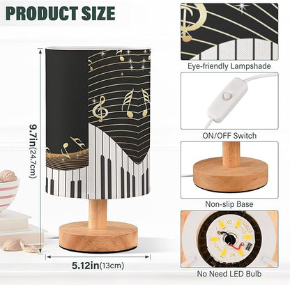 Gold Music Note with Piano Key Musical Instrument on Black Table Lamp with Wood Base Fabric Lamp Shade Bedside Nightstand Desk Lamp for Living Room Bedroom Kids Room Office