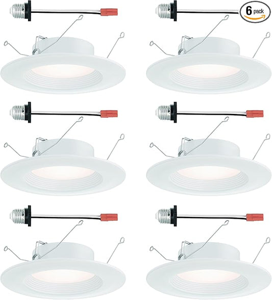 Designers Fountain LED Recessed Ceiling Lights 6 Pack, 5/6 Inch 5CCT Metal Lighting Fixture, Dimmable, 1000 Lumens, 2700K/3000K/3500K/4000K/5000K, White Baffle Trim, EVL61093T50WH-6