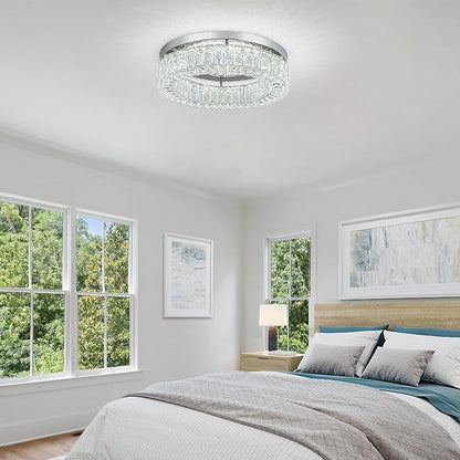 HOPGGIE 18 Inch Crystal Chandelier LED Ceiling Light Flush Mount Ceiling Light Fixtures Luxury Large Chandelier Light for Living Room Bedroom Dining Room Closet (Cool White)