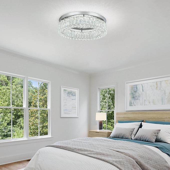 HOPGGIE 18" Dimmable Chandelier with Remote Control LED Ceiling Light Flush Mount Ceiling Light Fixtures Large Crystal Chandeliers Light for Living Room Bedroom Dining Room (dimmable)