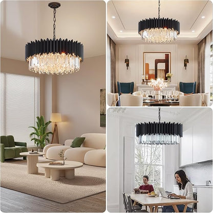Modern Black Crystal Chandelier 24" Round Chandeliers 8-Lights Ceiling Pendant Light Fixtures 5 Tiers for Dining Room Living Room Bedroom Foyer Entryway