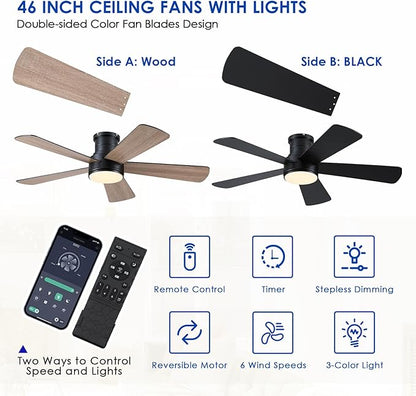 Hounberi 52 Inch Flush Mount Ceiling Fan with Lights and Remote, Modern Quiet DC Motor Low Profile Ceiling Fan for Low Ceilings, 5 Reversible Blades, 6 Speeds Dimmable, Indoor Outdoor Bedroom, Black