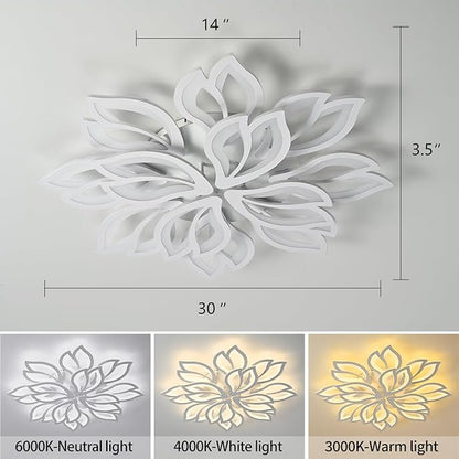 Modern White Flower Ceiling Light Fixture, 30 Inch Dimmable Flush Mount with 12 Leaves, Low Profile for Living Room, Dining Room, Bedroom
