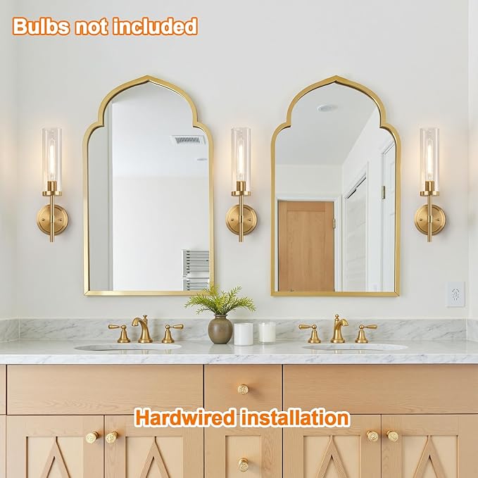[Hardwired] Wall Sconces Set of Two, Brushed Gold Bathroom Sconces with Clear Glass, Modern Wall Light Fixtures for Bathroom Mirror Vanity, Living Room, Bedroom, Hallway, Stairway, Cabinet, Foyer