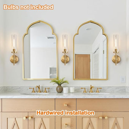 [Hardwired] Wall Sconces Set of Two, Brushed Gold Bathroom Sconces with Clear Glass, Modern Wall Light Fixtures for Bathroom Mirror Vanity, Living Room, Bedroom, Hallway, Stairway, Cabinet, Foyer