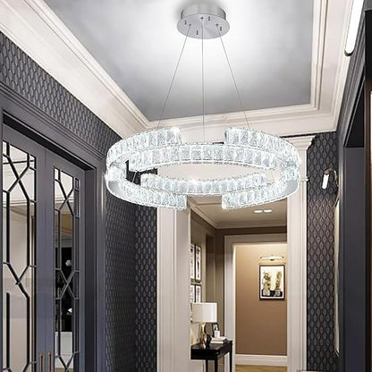 D16'' Modern Crystal Ring Chandeliers for Living Room Dinning Room Crystal Pendant Light Dimmable 3000k-6000k