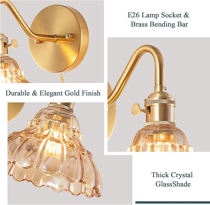 Plug-in Wall Sconce (Set of 2), Vintage Wall Decorative Lamp with Amber Glass Shade, Indoor Brass Plug-in Wall Sconce for Bedroom, Living Room, Bathroom, Hallway