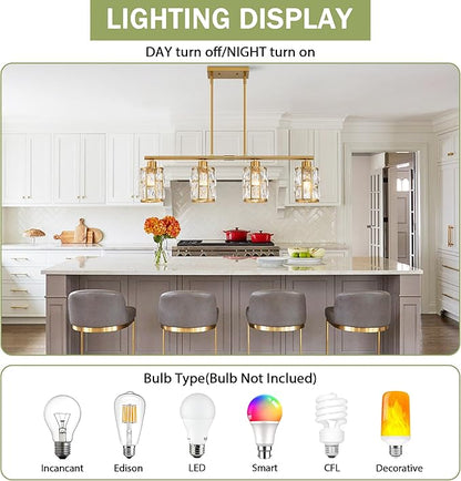 MEXO Crystal Pendant Light Fixture for Kitchen Island Dining Room, Farmhouse Chandelier Gold Close to Ceiling Lightings Over Table, 10068-GD