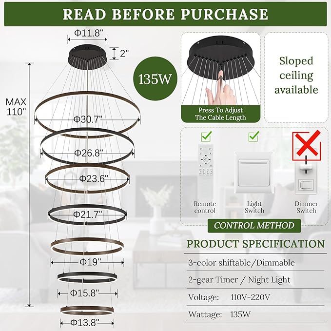 7 Ring LED Chandelier Black Walnut Wood Chandelier Large Dimmable Circular Chandeliers Light High Ceiling Round Chandeliers for Foyer Staircase Living Room 31in