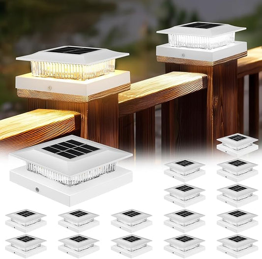 4x4 Solar Post Cap Lights 16 Pack, Fence Post Solar Lights with Warm White/Cool White, Only Fit 4x4 Wood/Vinyl Posts, Waterproof Outdoor Deck Post Light for Deck, Fence, Porch(White)