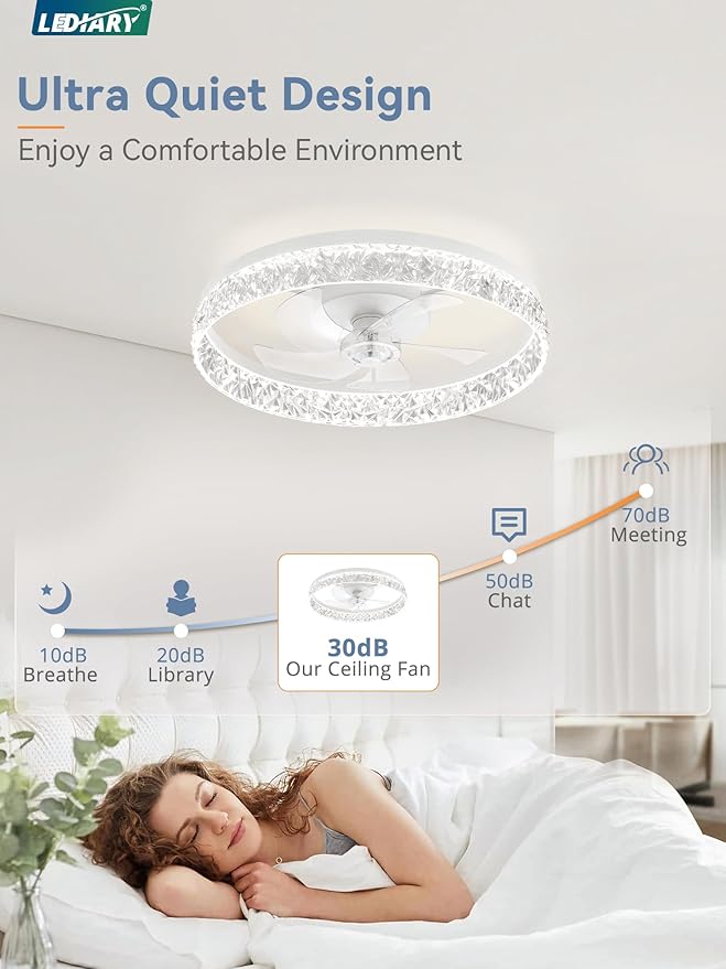 LEDIARY 22 Inch Ceiling Fans with Lights and Remote, Fandelier Low Profile Ceiling Fan, 3000K-6000K Dimmable Flush Mount LED Fan Light, White Modern Ceiling Fans with Lights for Bedroom