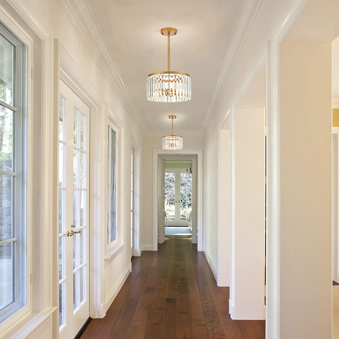 12" Gold Semi Flush Mount Crystal Ceiling Light Fixtures for Kitchen Modern Industrial 2-Light Small Chandeliers Lighting for Bedroom Entryway Hallway Living Dining Room Foyer