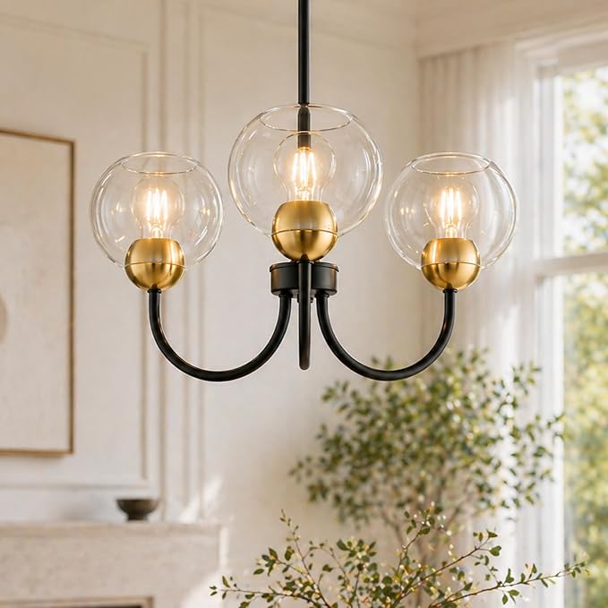 Emak 3-Light Black and Gold Dining Room Chandeliers, Modern Pendant Lights with Globe Glass Shade, Farmhouse 20 Inch Chandelier for Living Room, Entryway, Bathroom, Bedroom, Kitchen, CH114-BKBGD-CG-3