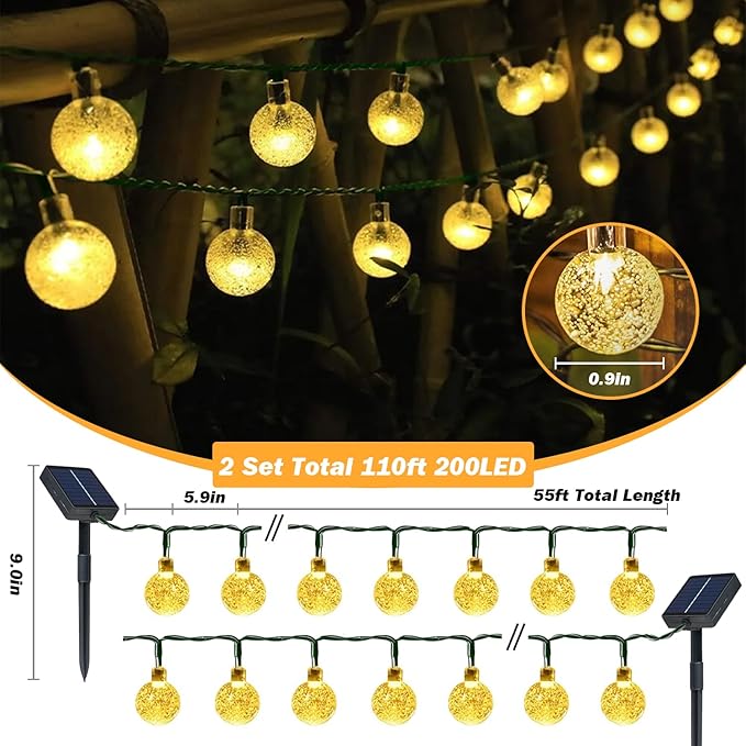 USOKYO Solar Lights Outdoor Waterproof, Total 200 LED 110FT Solar String Lights for Outside with 8 Modes, Crystal Globe Outdoor String Lights for Garden Yard Party Decor (2 Pack)