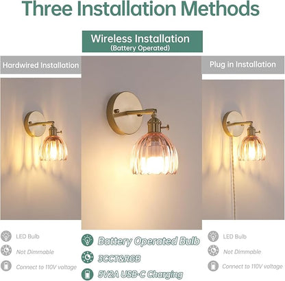 Shenmoyl Vintage 5000 mAh Battery Operated Wall Sconce with Pink Clear Tulip Glass Lampshade Rechargeable Battery Powered Wall Light with Remote Control for Bedroom Doorway, Set of 2