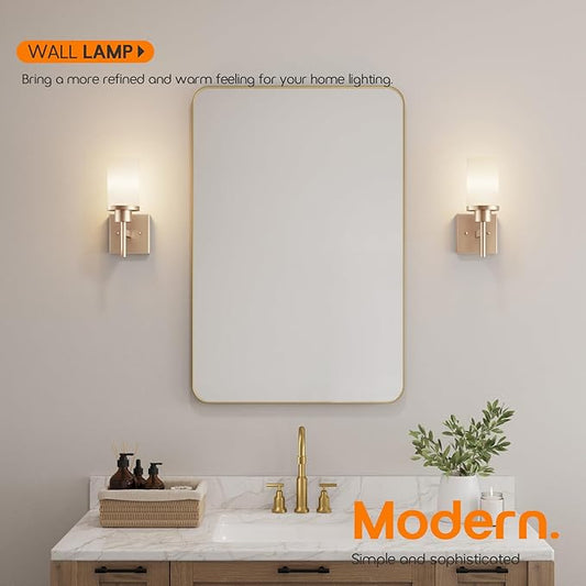 Vanity Lighting Fixtures with White Frosted Glass Shade, Champagne Bronze Wall Lamps for Bathroom Mirror Bedroom Living Room Porch, 2 Pack T001CPG-L1-P2