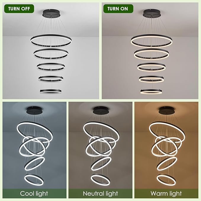 Benkut 5-Rings Modern LED Chandelier Black High Ceiling Chandelier with Remote Control Dimmable Pendant Lighting for Dining Room Foyer Living Room Entryway Staircase(3000K-6500K, D23.6in)