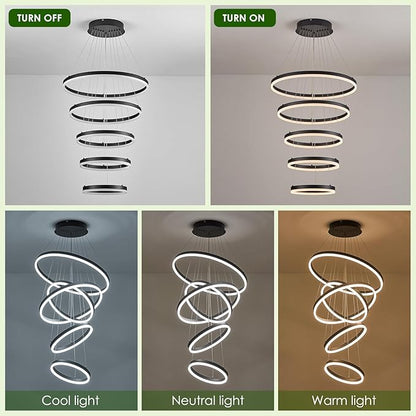 Benkut 5-Rings Modern LED Chandelier Black High Ceiling Chandelier with Remote Control Dimmable Pendant Lighting for Dining Room Foyer Living Room Entryway Staircase(3000K-6500K, D23.6in)