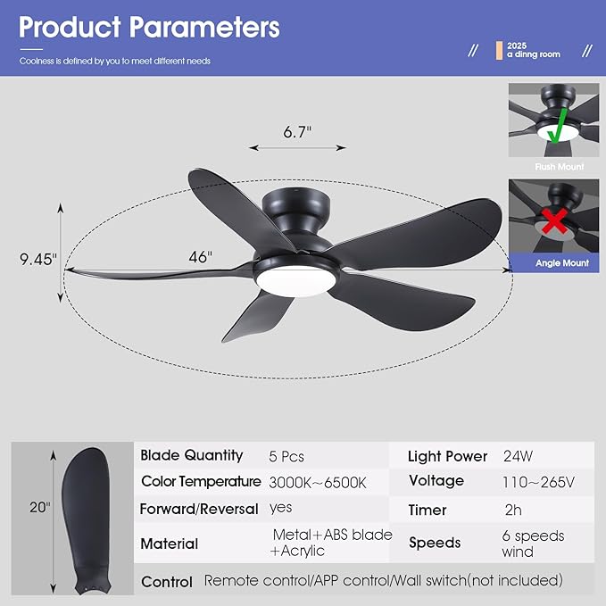 Kviflon 46 Inch Modern Ceiling Fans with Lights, Flush Mount Ceiling Fan with Light and Remote/APP Control, 5 Reversible 6 Speeds Curved Blades, 3 CCT Dimmable Lights for Bedroom, Black