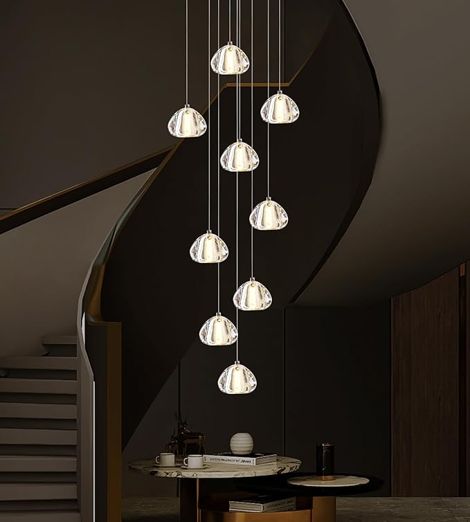 Modern Crystal Chandelier 9-Lights High Ceiling Raindrop Chandelier Lighting Fixture, LED Round Indoor Lighting Fixture Black for Foyer Staircase Living Room