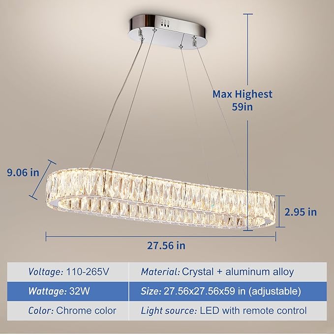 Depuley Crystal Chandeliers for Dining Room: 27.5 Inch Modern Linear Chandelier Contemporary Rectangle Pendant Light Fixture for Kitchen Island Bar Over Table with Remote Control