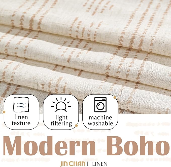 jinchan Boho Kitchen Curtains Linen Tier Curtains 24 Inches Bohemian Cafe Small Drapes Striped Mudcloth Farmhouse for Bathroom RV Camper Light Filtering Rod Pocket 2 Panels Taupe on Beige