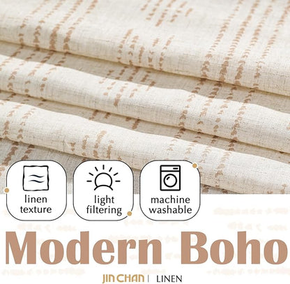 jinchan Boho Kitchen Curtains Linen Tier Curtains 24 Inches Bohemian Cafe Small Drapes Striped Mudcloth Farmhouse for Bathroom RV Camper Light Filtering Rod Pocket 2 Panels Taupe on Beige
