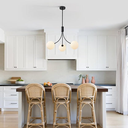 CNRATYE 3-Light Modern Farmhouse Black Chandeliers for Entryway, Mid Century Milk Globe Sputnik Chandelier, Vintage Pendant Lighting for Kitchen Island Dining Room Foyer Bedroom Bathroom
