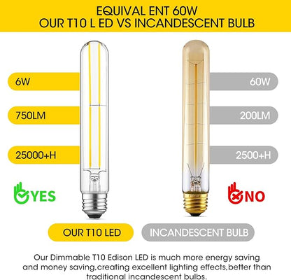 Gozelux 7.3 Inch Long Tubular Vintage LED Edison Bulbs, 6W, Equivalent 60W, High Brightness Daylight 5000K, T10 LED Filament Bulbs with 90+ CRI, E26 Medium Base, Dimmable, Clear Glass, Pack of 6