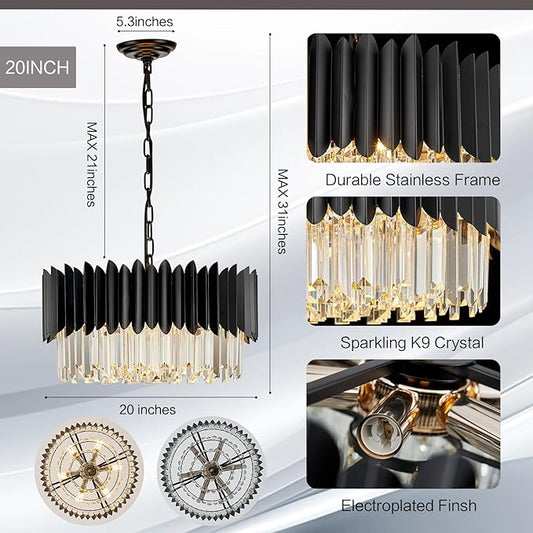 20" Black Crystal Chandelier 4-Tier Round 6 Lights Ceiling Light Fixture K9 Pendant Hanging for Entryway Foyer Dining Room Bedroom Living Room