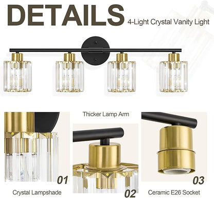 Crystal Bathroom Light Fixtures, Bathroom Lighting Fixtures Over Mirror, Modern Black Gold 4-Light Vanity Lights for Mirror, Restroom, Bedroom (Ceramic E26 Socket,Bulbs Not Include)