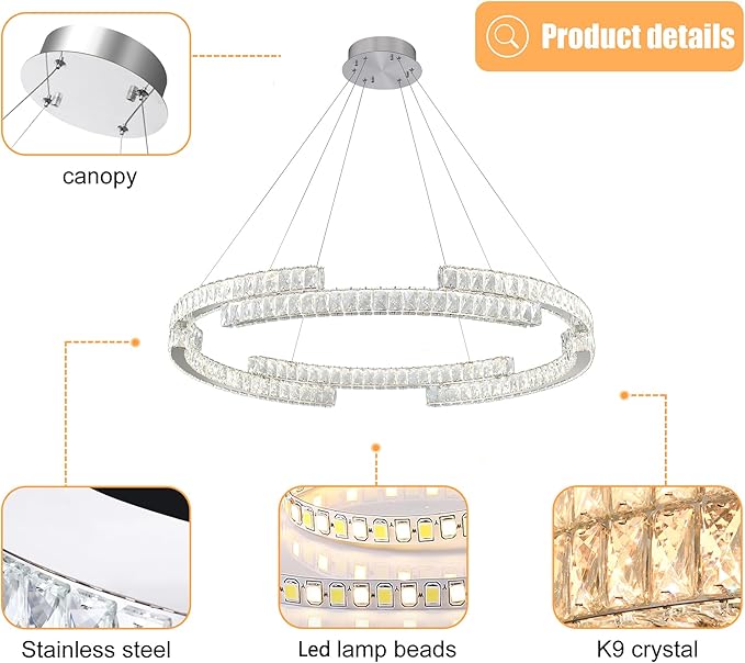 Modern Crystal Chandelier Dimmable LED Ring Pendant Light Adjustable Led Ring Chandelier 1 Ring for Dining Room Living Room 40inch Silver