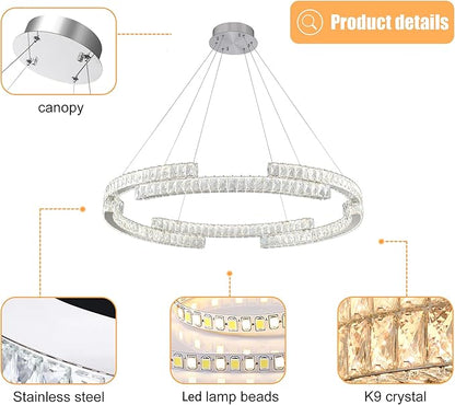Modern Crystal Chandelier Dimmable LED Ring Pendant Light Adjustable Led Ring Chandelier 1 Ring for Dining Room Living Room 40inch Silver