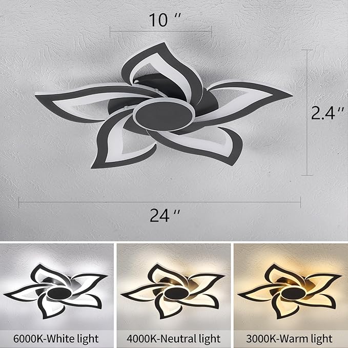 24" Modern Geometric Ceiling Light Fixture, Black Dimmable 3 Colors LED Close to Ceiling Light Fixtures with Remote, Low Profile Flush Mount Ceiling Light for Kitchen, Living Room