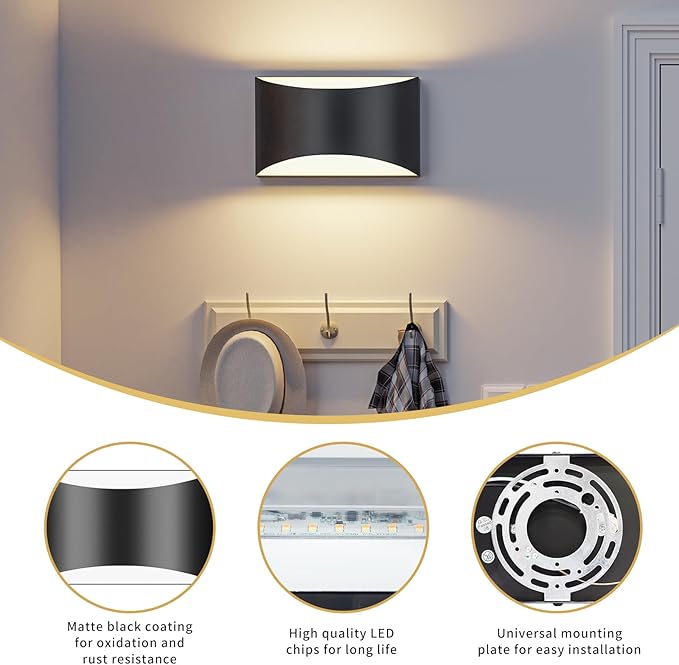 Black Modern LED Wall Sconce, 3 Colors Indoor Wall Lights, 10W Hardwired Up and Down Aluminum Wall Mount Lamp for Bedroom Living Room Hallway Corridor (Black, 6 Pack)