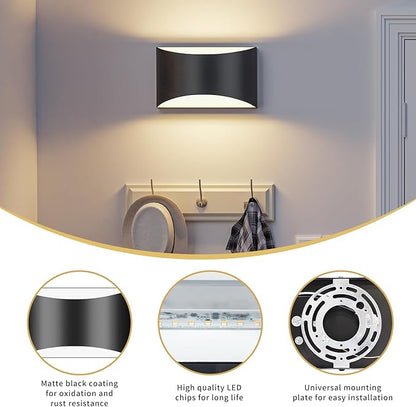 Black Modern LED Wall Sconce, 3 Colors Indoor Wall Lights, 10W Hardwired Up and Down Aluminum Wall Mount Lamp for Bedroom Living Room Hallway Corridor (Black, 6 Pack)
